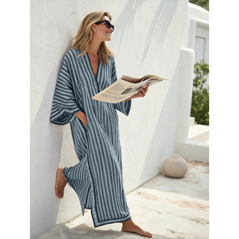 Womens vacation outfit featuring floral boho maxi dress and sunhat