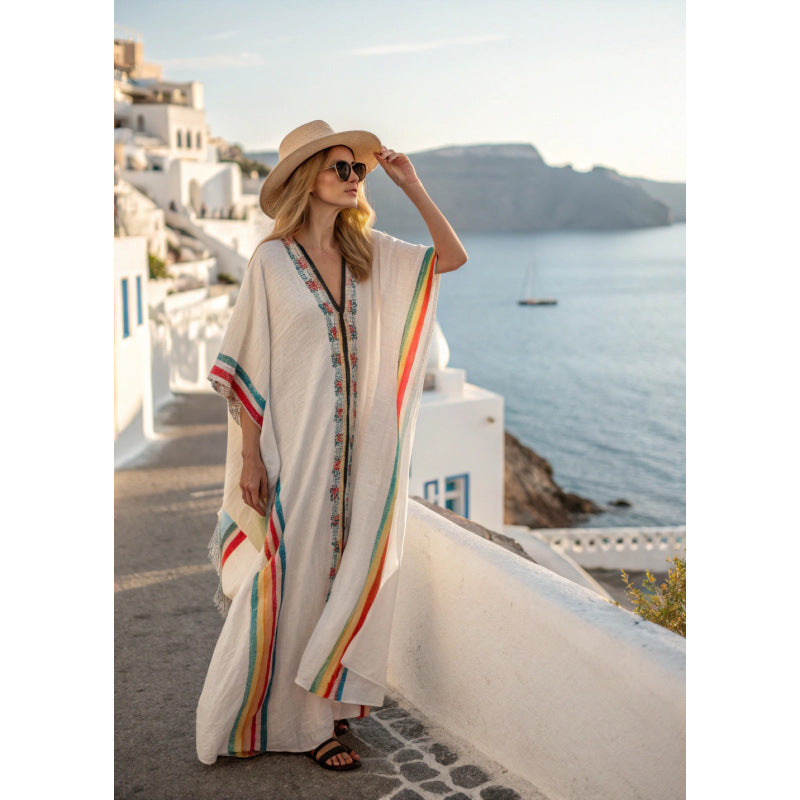 Side profile of womens bohemian floral maxi dress for summer vacation