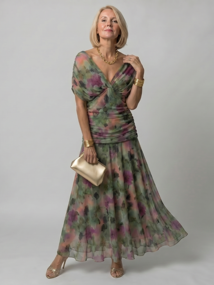 V neck floral midi dress with ruched detailing for summer events