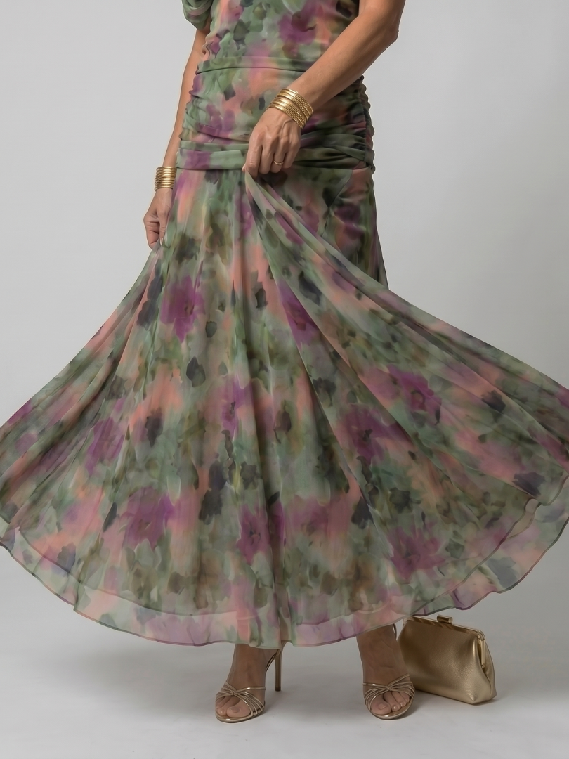 Stylish women summer dress in floral pattern with ruched waistline