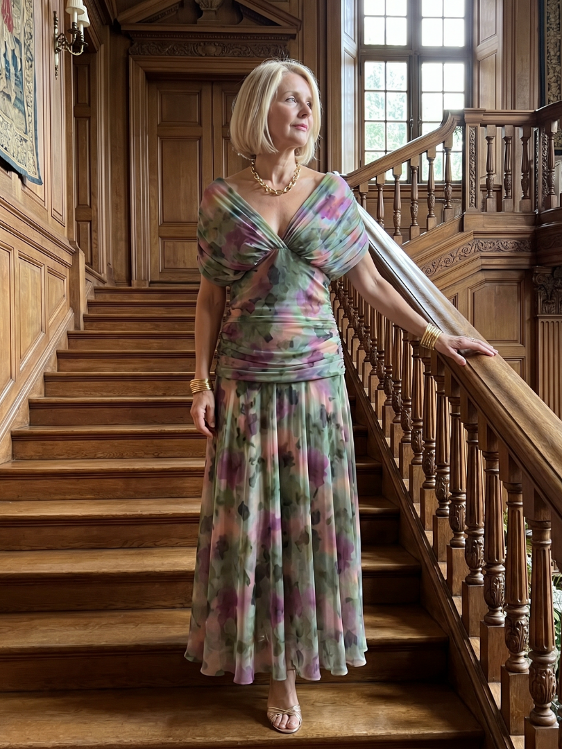 Boho chic floral midi dress designed with a flattering V neckline