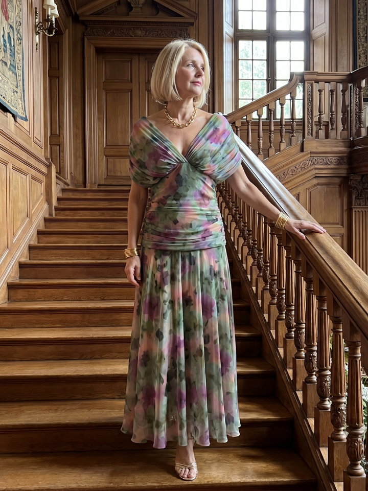 Boho chic floral midi dress designed with a flattering V neckline