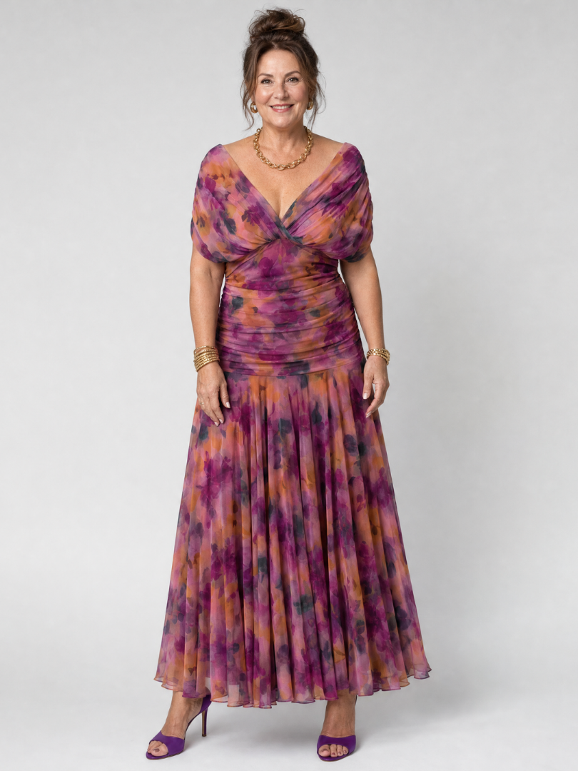 Women floral ruched midi boho dress featuring classic V neck design