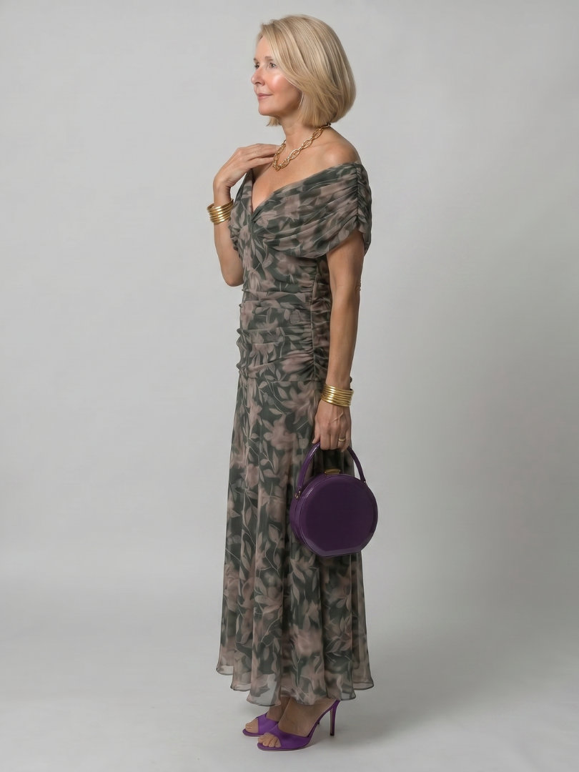 Elegant V neck summer dress with ruched details and floral motifs