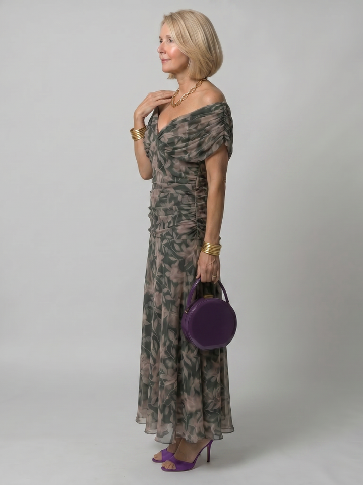 Elegant V neck summer dress with ruched details and floral motifs