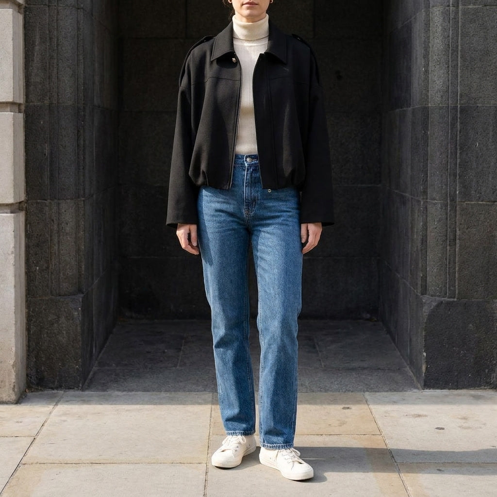 Full length view of woman wearing cropped bomber and tailored waist