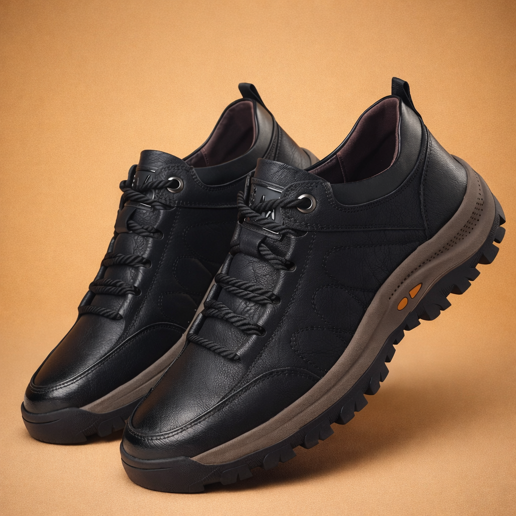 Pair of black men's casual hand-stitched walking shoes in a studio setting