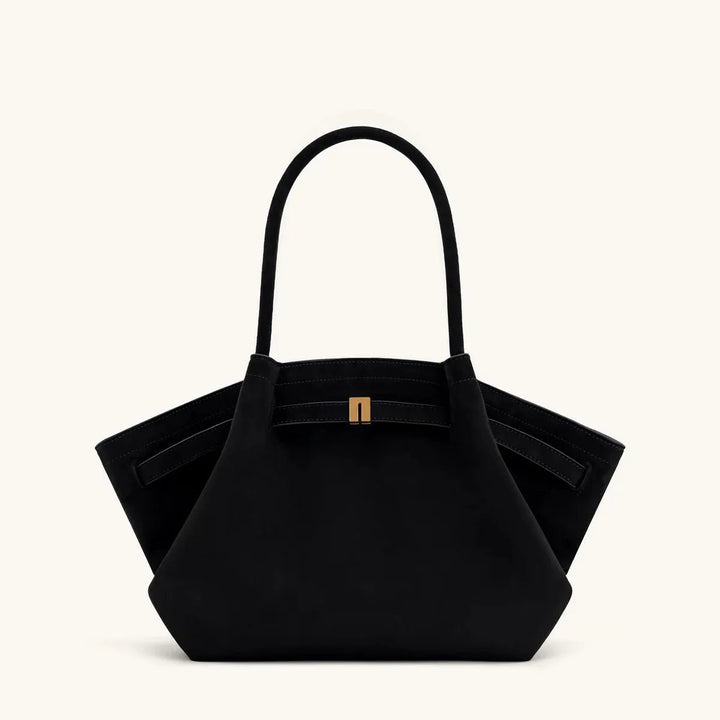 Side profile of the stylish accessory showing expandable storage