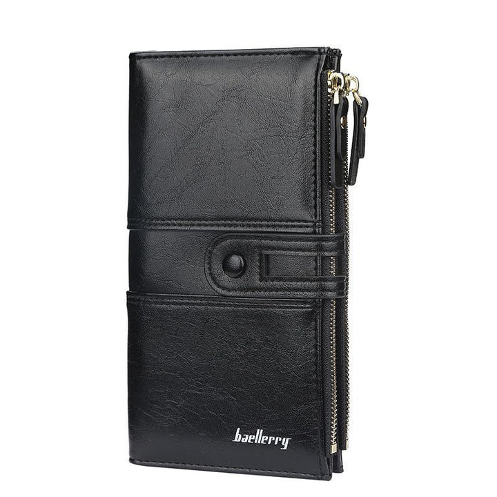 Black women's double zip wallet featuring structured compartments