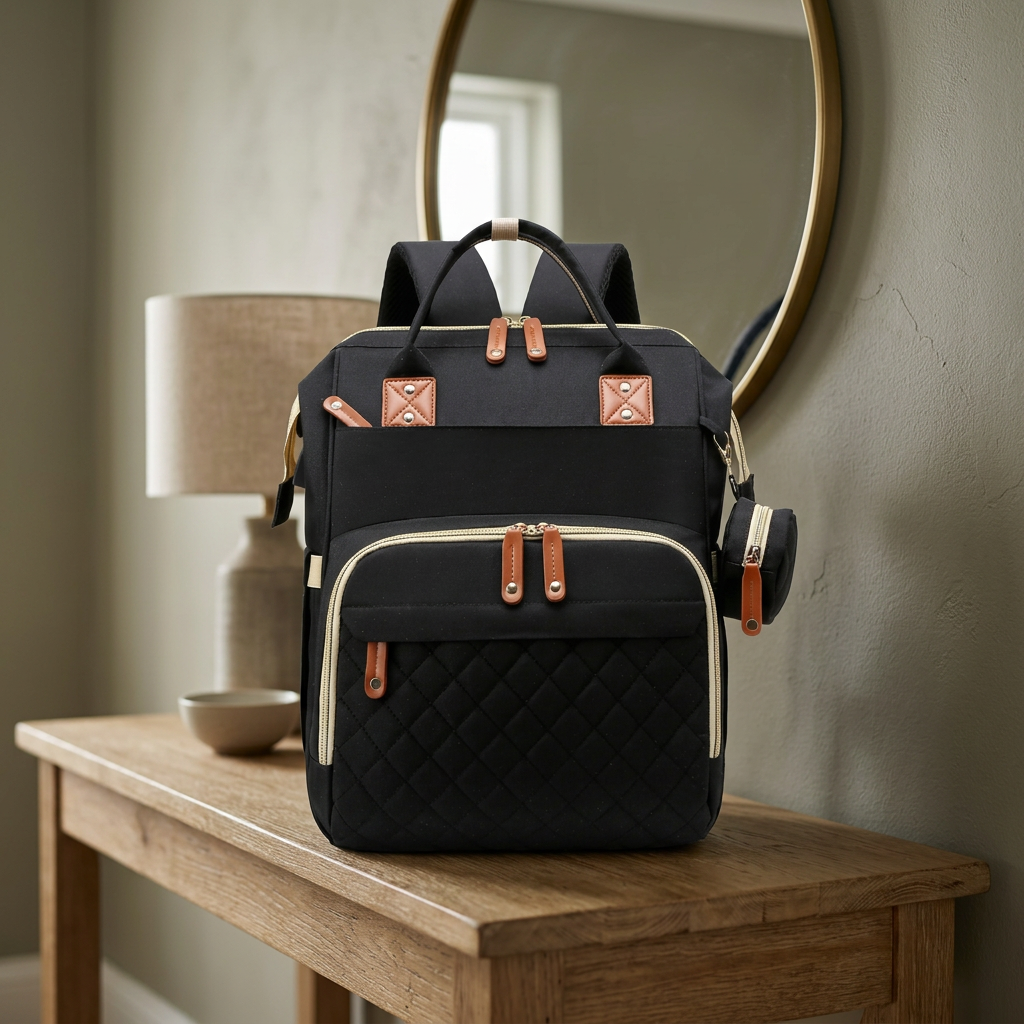 Travel diaper bag featuring side wipes pocket and durable zipper pulls