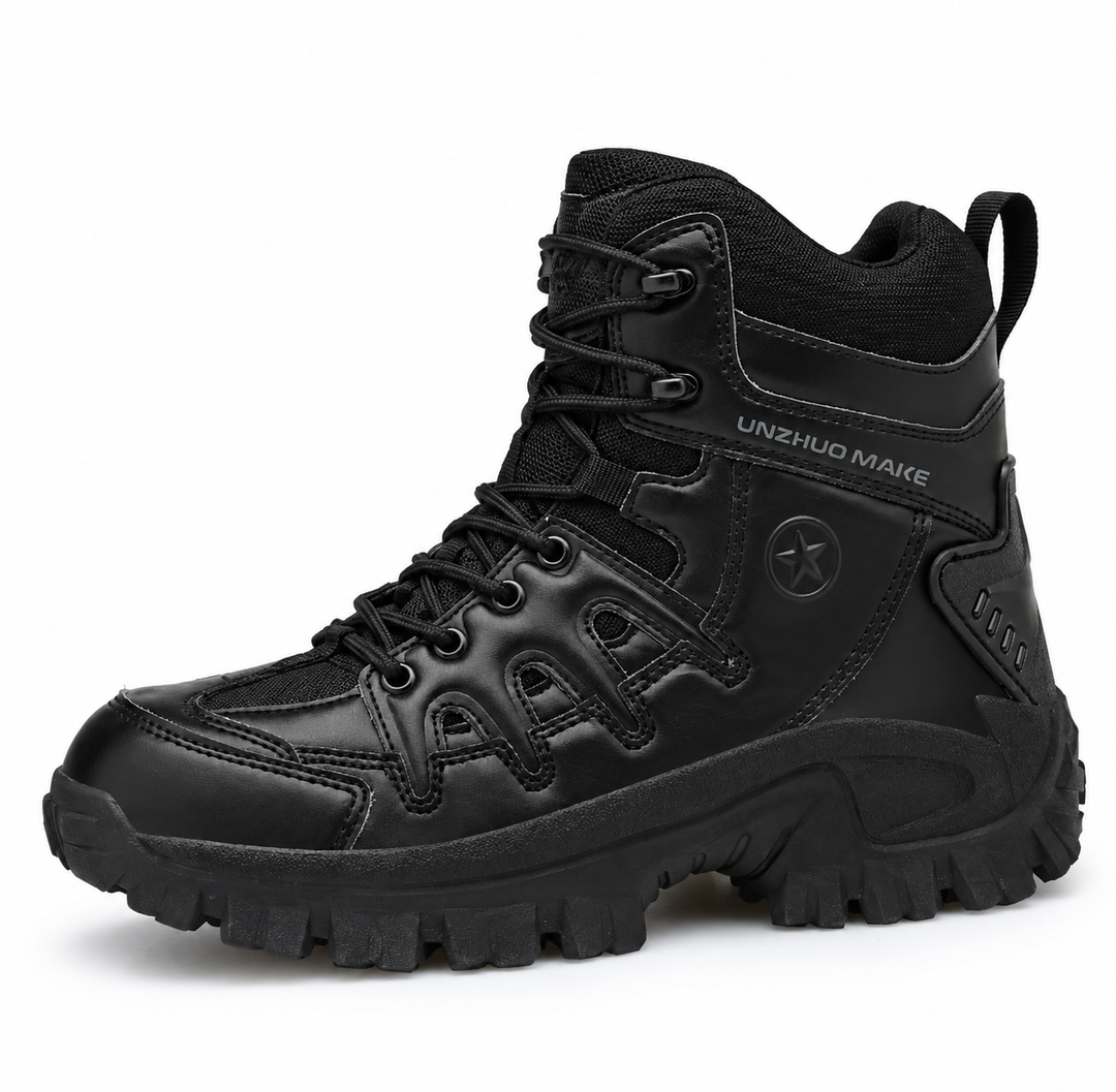 Black tactical high-top hiking boots side profile studio shot