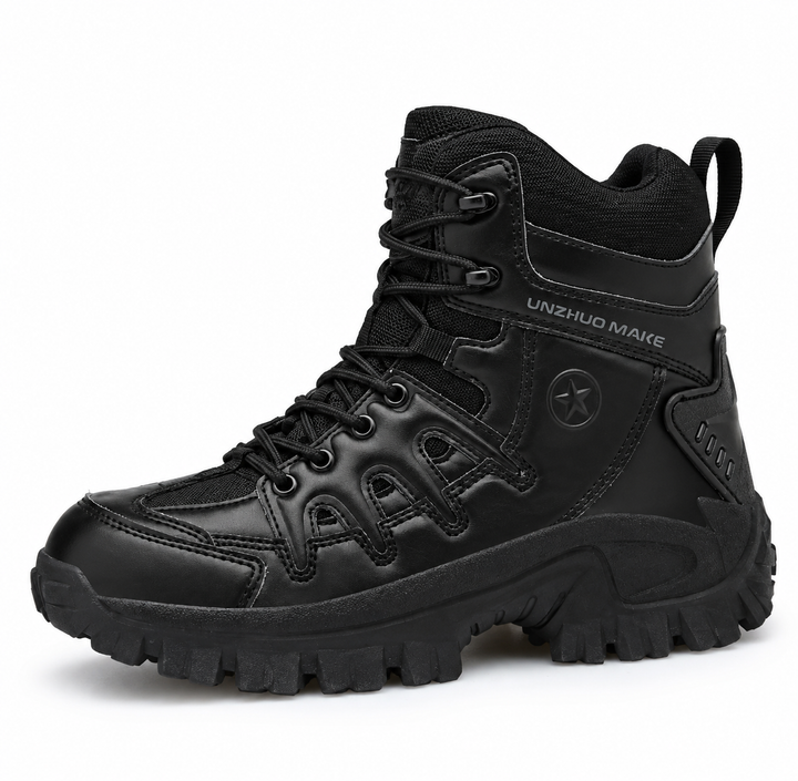 Black tactical high-top hiking boots side profile studio shot