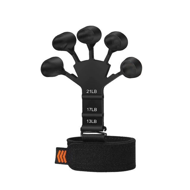 Black adjustable finger strengthener showing resistance levels