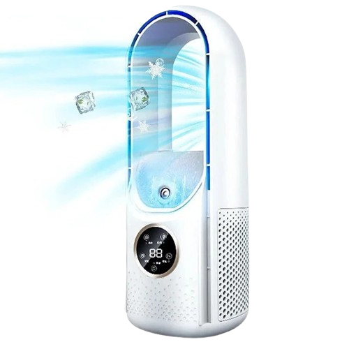 White bladeless portable air conditioner showing digital display and airflow visualization