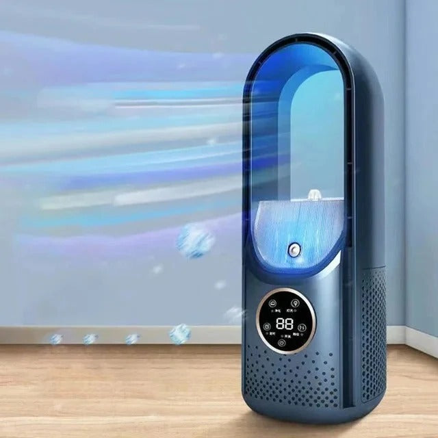 Blue bladeless portable air conditioner placed in a room setting