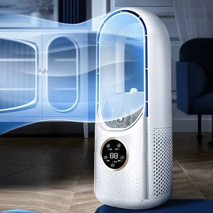 Close-up of the digital control panel on the portable bladeless room air cooler