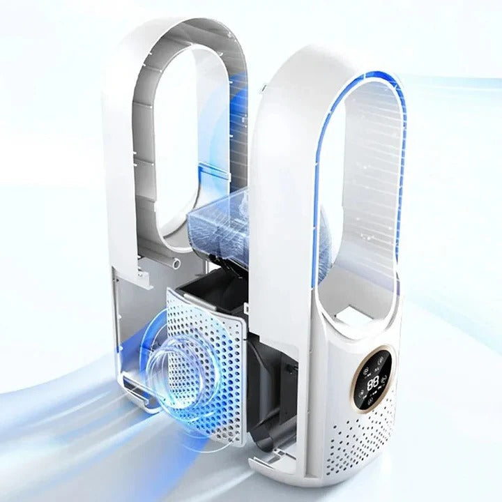 Energy efficient desk cooling fan operating on a modern office table setup