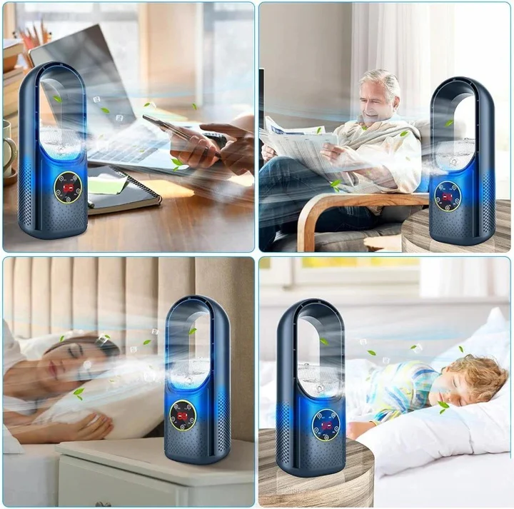 Portable air conditioner fan placed on a bedside table for quiet night cooling