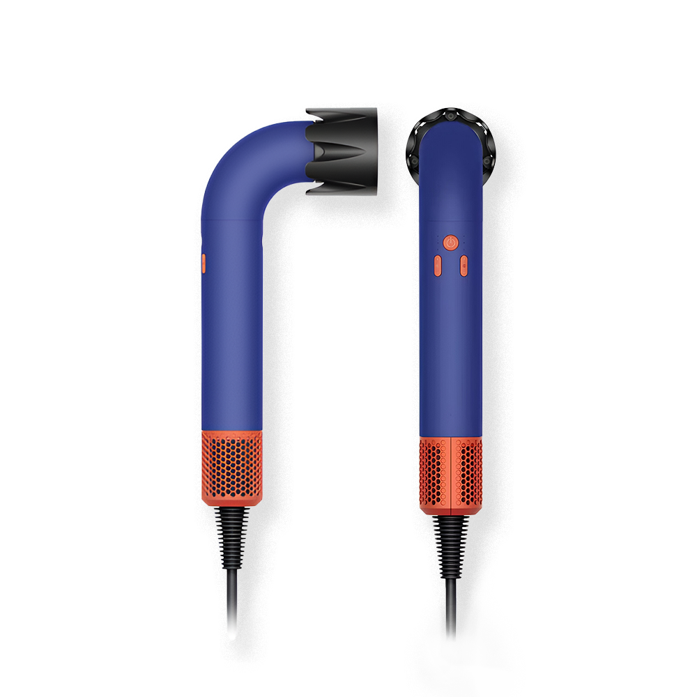Blue lightweight professional hair dryer with magnetic diffuser attachment