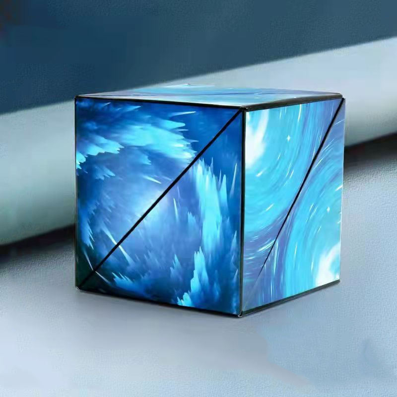 Close-up view of the ocean themed magic puzzle cube resting on a smooth surface