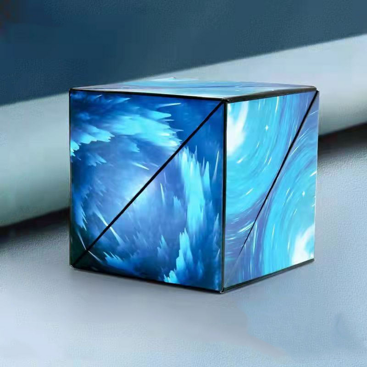 Close-up view of the ocean themed magic puzzle cube resting on a smooth surface
