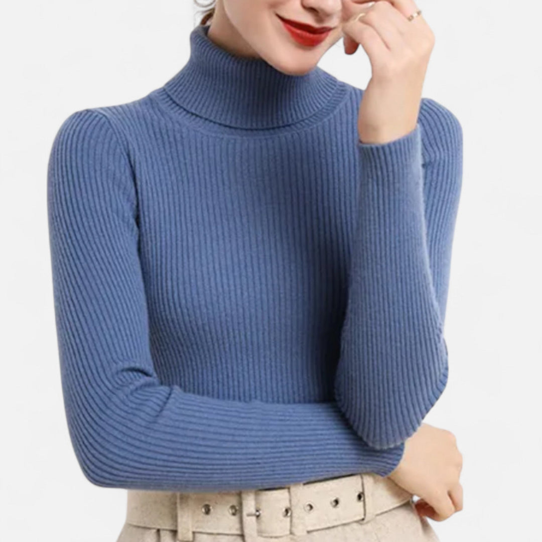 Side view of slim fit long sleeve sweater for women