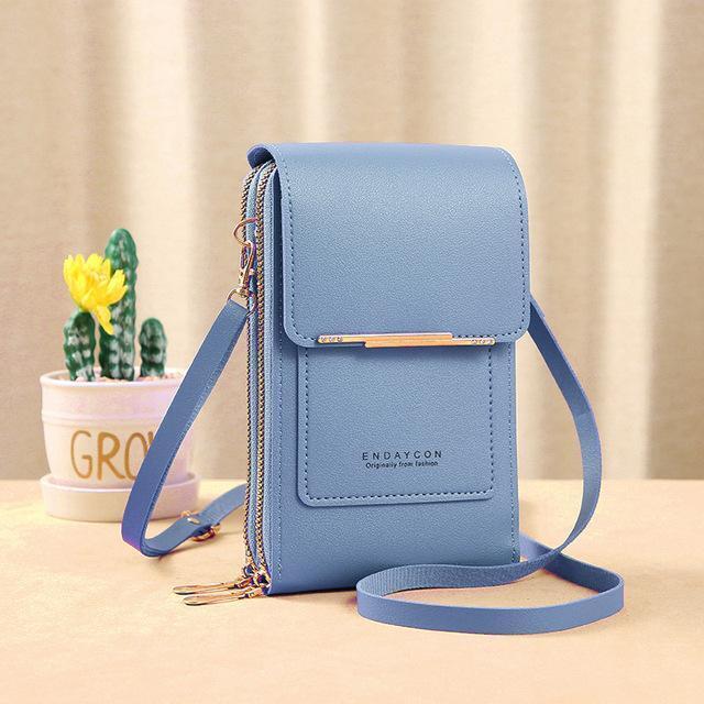 Fully packed crossbody phone wallet bag with phone, cards, and cash