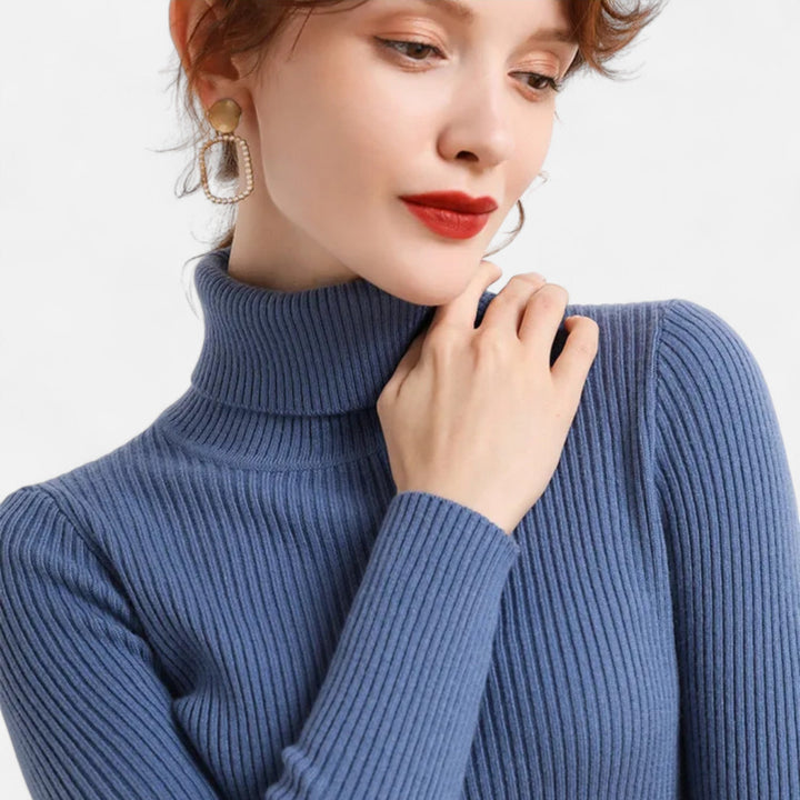 Detailed shot of turtleneck collar on women's casual knitwear