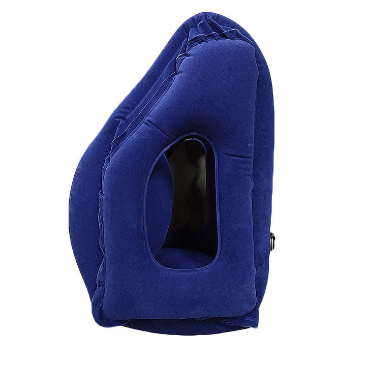 Inflatable travel neck pillow deflated and packed flat in pouch