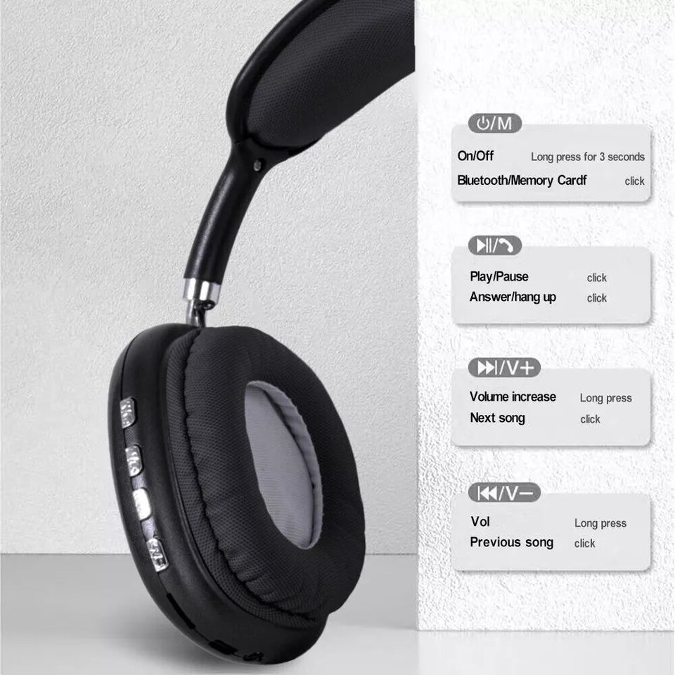 Wireless Bluetooth headphones showing control buttons and padded ear cushion