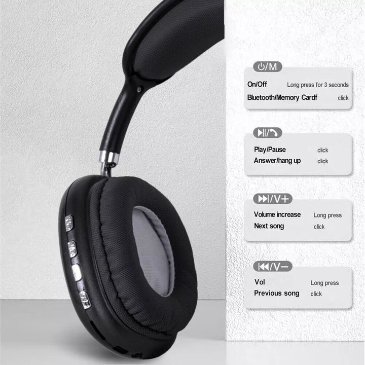 Wireless Bluetooth headphones showing control buttons and padded ear cushion