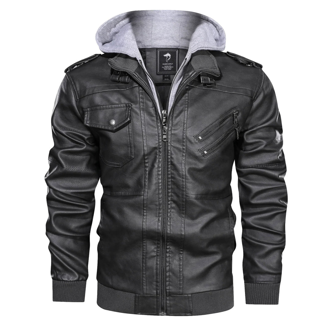 Men's black hooded bomber jacket with multiple zip pockets and knit hood