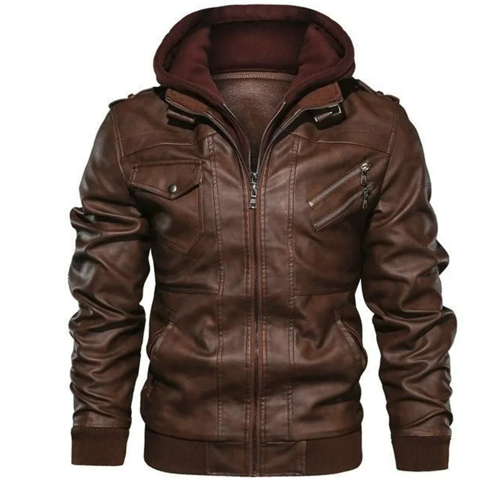 Men's brown hooded bomber jacket featuring front pockets and ribbing