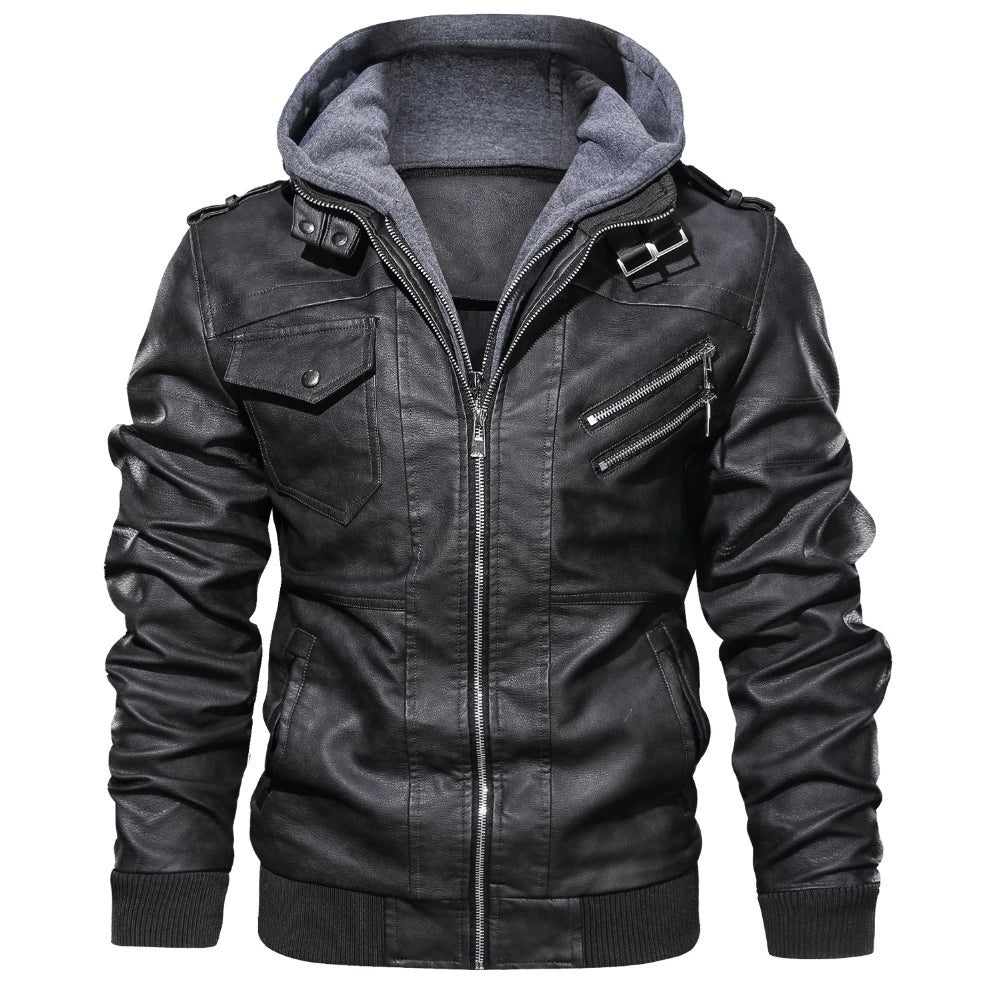 Men's black hooded bomber jacket front view showcasing details