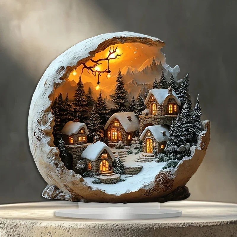 Illuminated holiday village figurine displayed on a surface