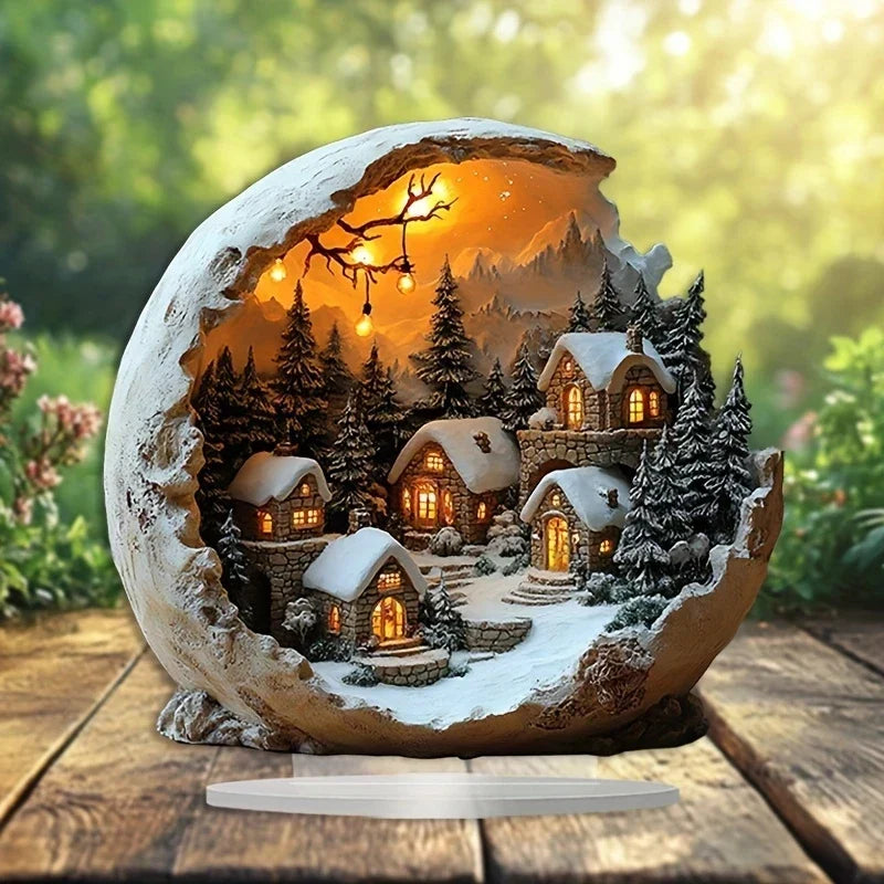 Close-up view of the winter village sculpture with warm lights