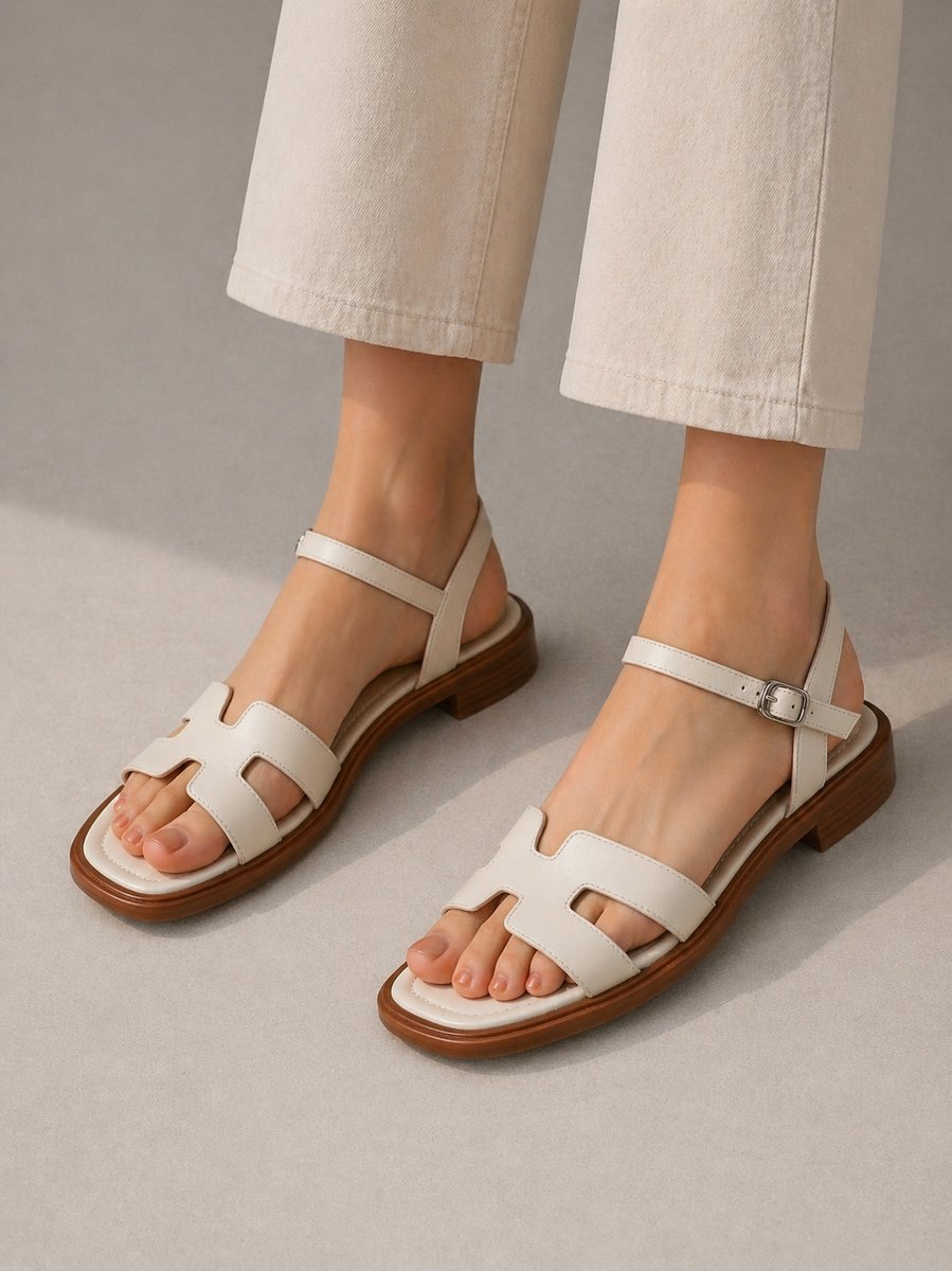 Close-up of white H-bar ankle strap flat sandals styled with trousers