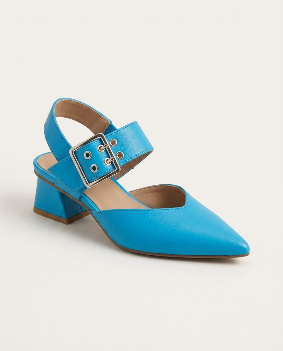 Bright blue pointed toe slingback block heel shoe with statement buckle