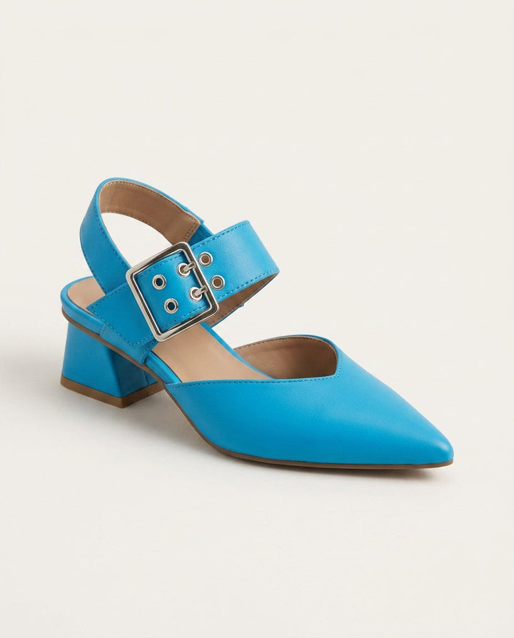 Bright blue pointed toe slingback block heel shoe with statement buckle