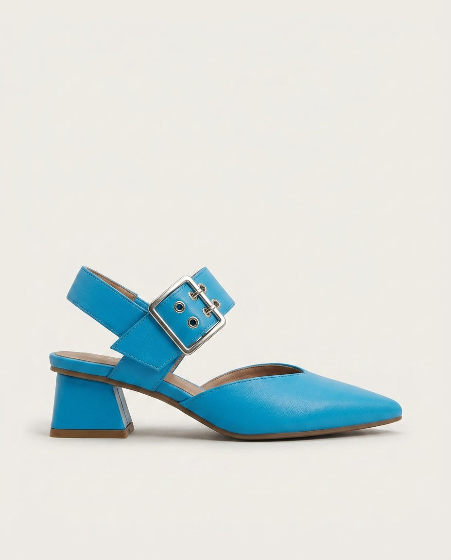 Side profile of blue pointed toe slingback block heel featuring metallic buckle detail