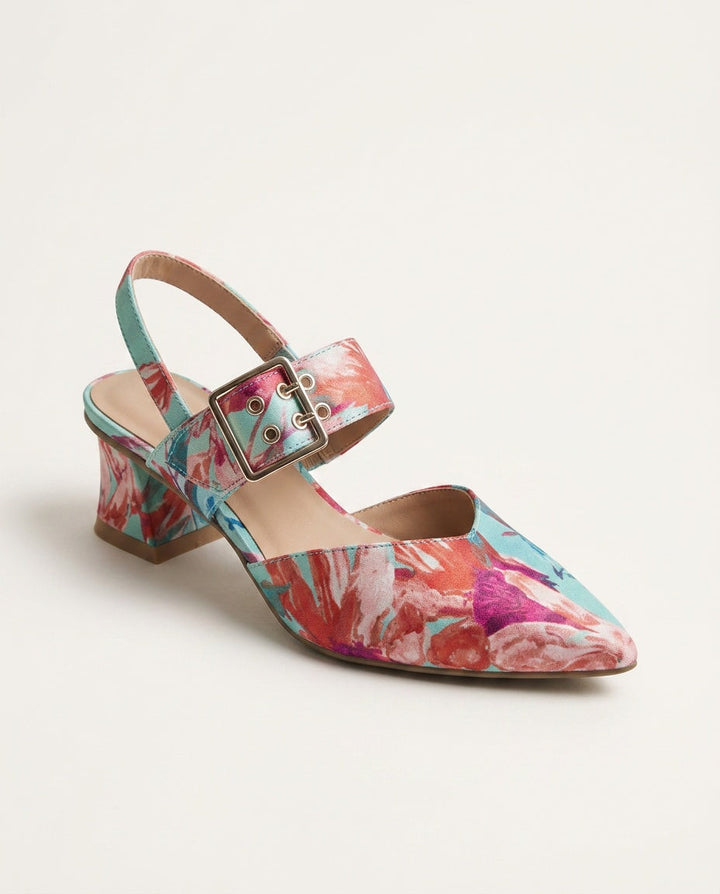Blue pointed toe slingback block heels with ankle strap, side profile