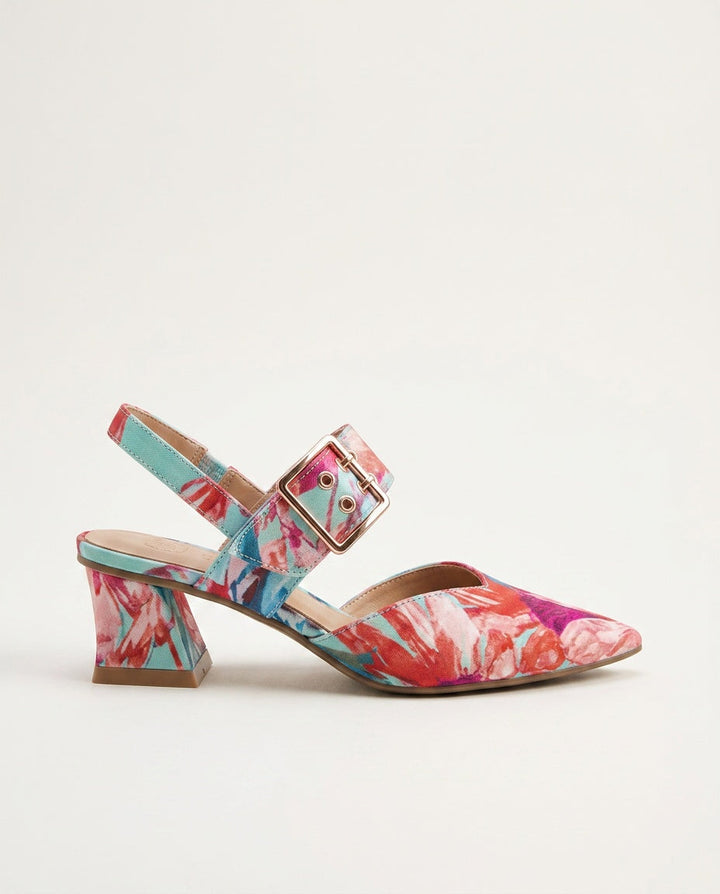 Close-up of blue block heel and comfortable cushioned insole