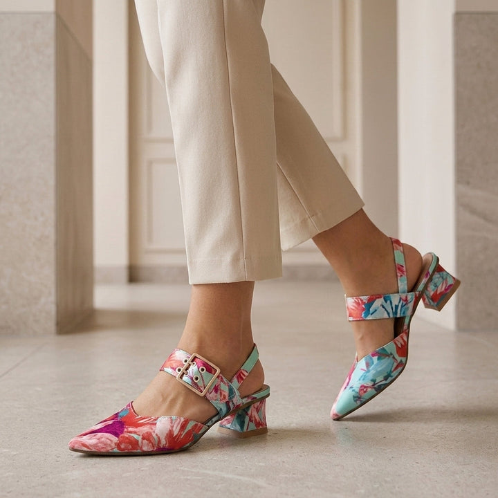 Professional office wear blue high heels viewed from above