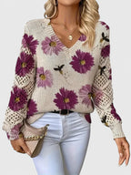 Maribelle | Women’s Floral Crochet Sleeve V Neck Sweater