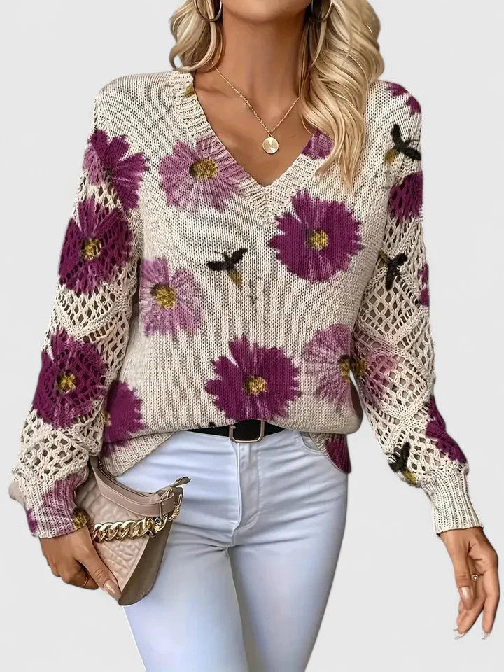 Maribelle | Women’s Floral Crochet Sleeve V Neck Sweater