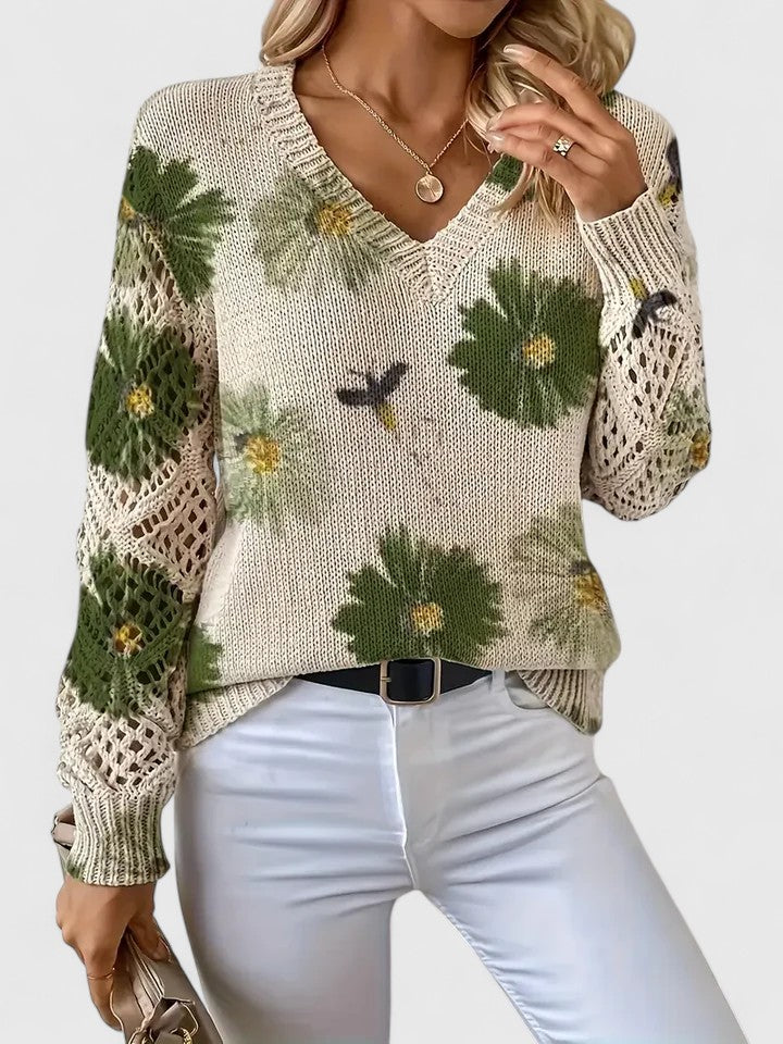 Maribelle | Women’s Floral Crochet Sleeve V Neck Sweater