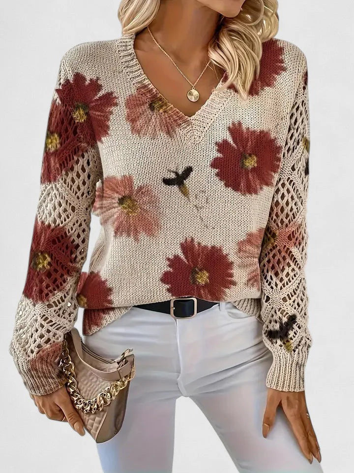 Maribelle | Women’s Floral Crochet Sleeve V Neck Sweater
