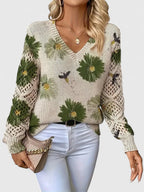 Maribelle | Women’s Floral Crochet Sleeve V Neck Sweater