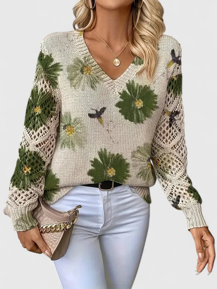 Maribelle | Women’s Floral Crochet Sleeve V Neck Sweater