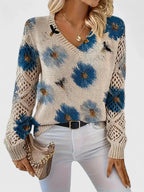 Maribelle | Women’s Floral Crochet Sleeve V Neck Sweater